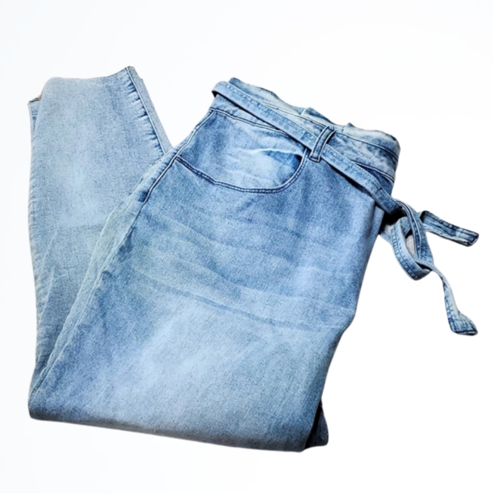 K.Jordan Tie Waist High Rise Acid Wash Rough Hem Blue Jeans Size 22W Waist 40 In